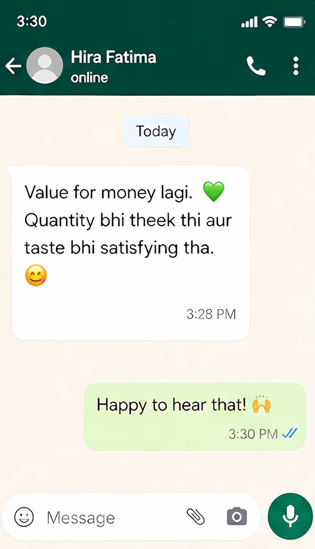 WhatsApp feedback screenshot from a happy ReoBites customer